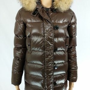 Moncler Sz 1 Small Brown Long Down Coat Fur Jacket